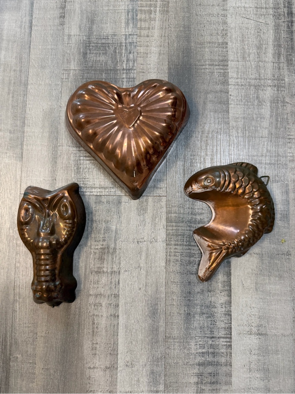 Vintage Copper Wall Hanging Molds Heart Fish Lobster Crab Rustic Kitchen Lot 3